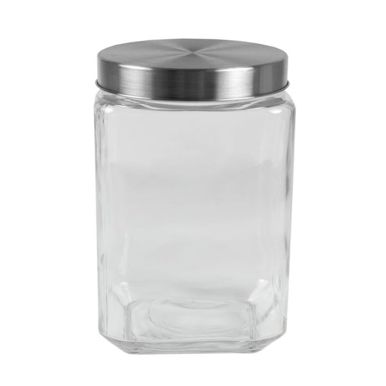 Home Basics 56 Oz. Square Glass Canister with Brushed Stainless Steel Lid  Clear