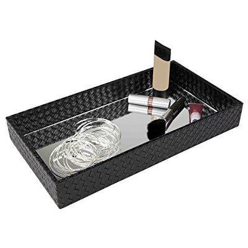 Black Faux Leather Mirrored Vanity Tray, 14 x 7.5 x 2