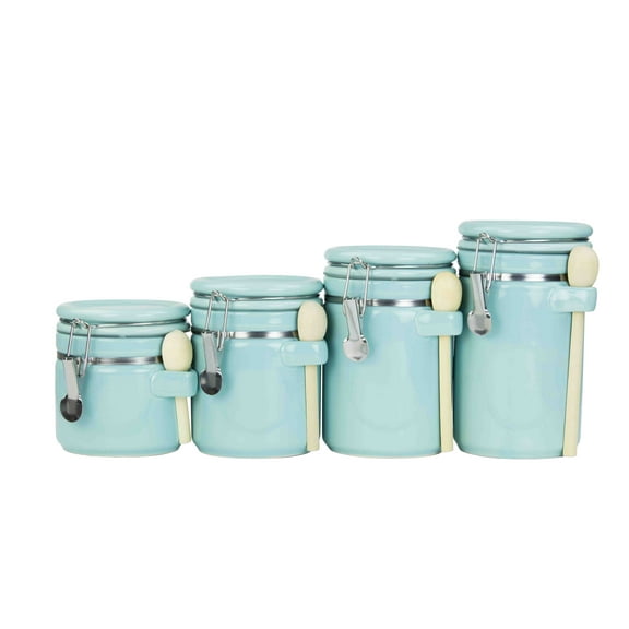 Home Basics Donuts 4 Pieces Ceramic Canister Set With Spoons, Turquoise