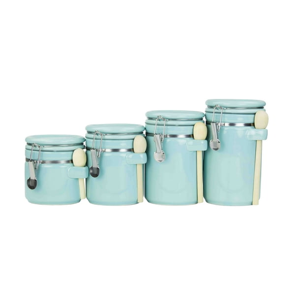 Home Basics Donuts 4 Pieces Ceramic Canister Set With Spoons, Turquoise
