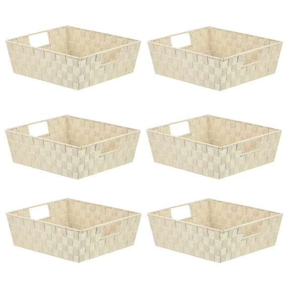 Home Basics Large Polyester Woven Strap Storage Bin With Handles, Ivory (6 Pack)