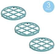Home Basics Lattice Collection Round Heavy Weight Multi-Purpose Decorative Cast Iron Trivet with Soft Non-Skid Rubber Peg Feet, Turquoise