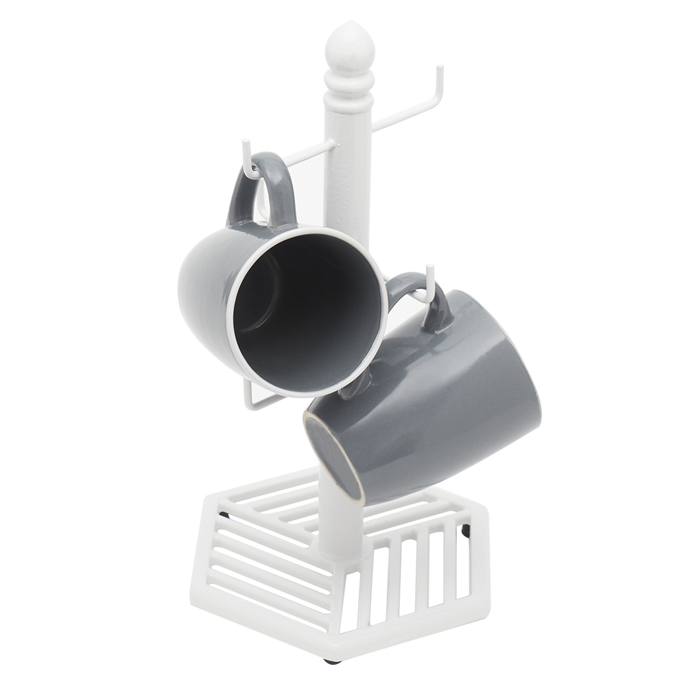 Home Basics Lines 6 Hook Cast Iron Mug Tree, White