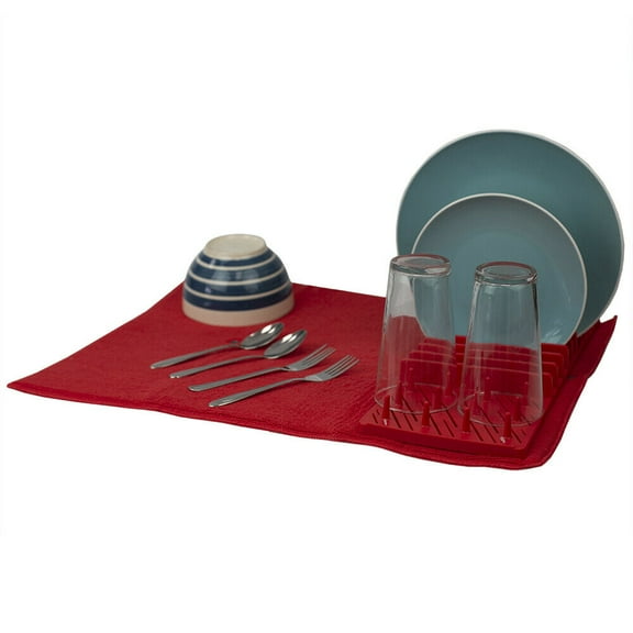 Home Basics Low Profile Plastic Dish Drying Rack with Microfiber Drying Mat, Red