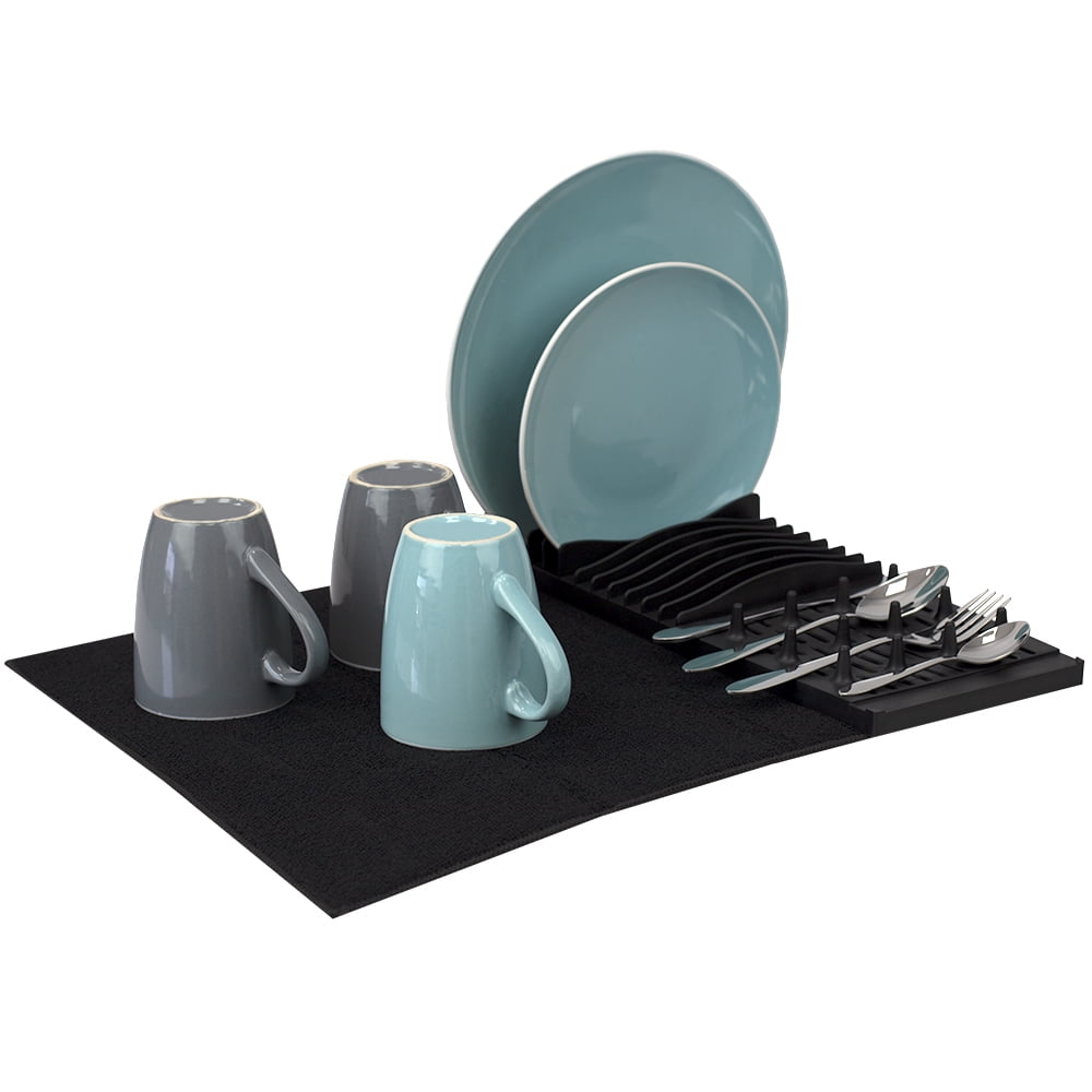 Home Basics Low Profile Plastic Dish Rack with Microfiber Drying Mat, Black