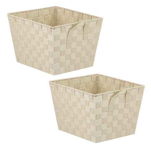 Home Basics Medium Polyester Woven Strap Storage Bin With Handles, Ivory (2 Pack)