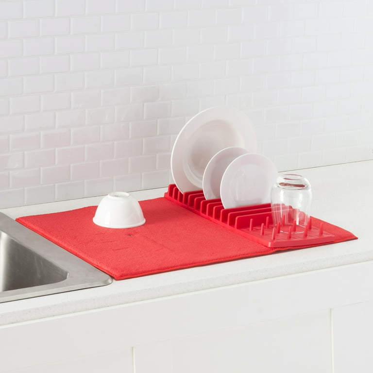 Set of 1 Kitchen Microfiber Drying Mat & 1 Plastic Dish Drying Rack, RED  COLOR