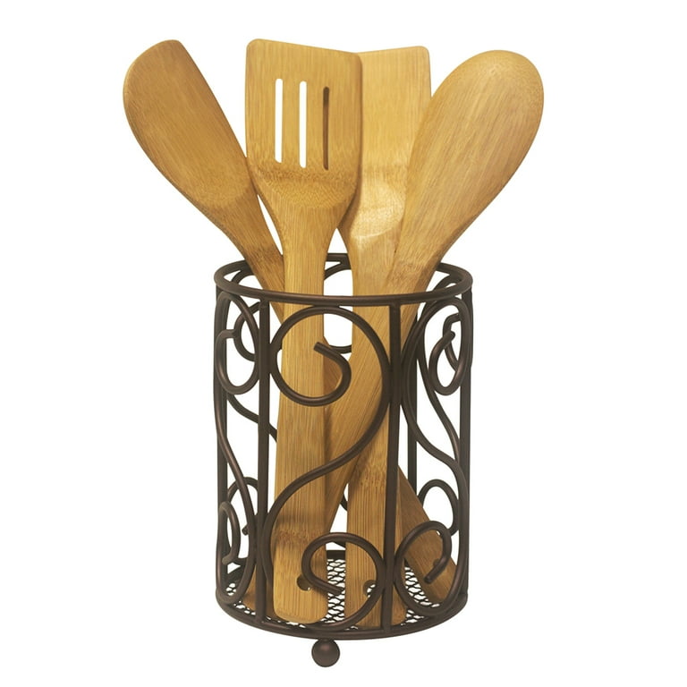 Scroll Collection Black Steel Cutlery Holder with Mesh Bottom and Non-Skid Feet