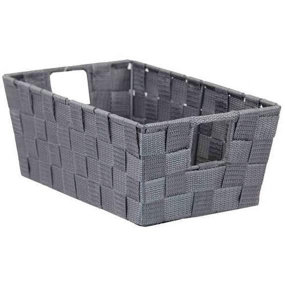 Home Basics Small Double Woven Polyester Strap Open Bin with Sturdy Steel Frame and Cut-out Handles, Grey