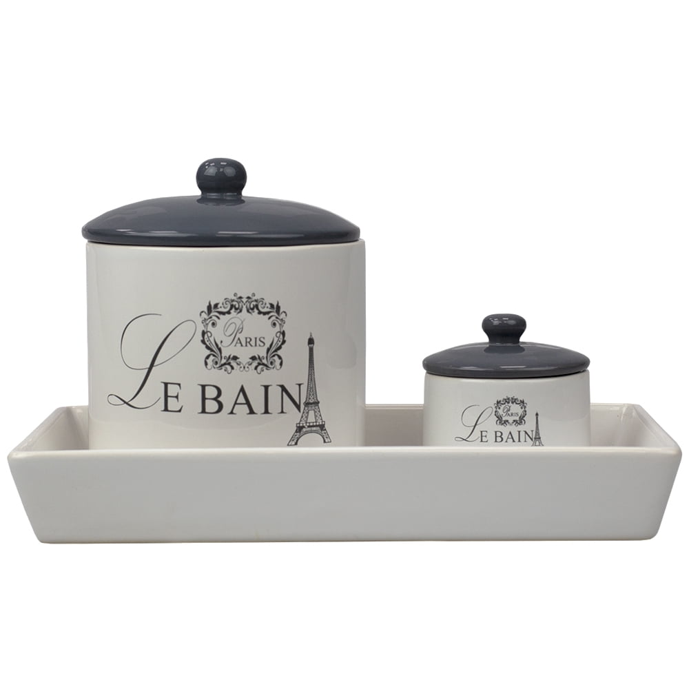 Home Basics White Ceramic Le Bain Paris 2 Piece Canisters with Vanity Tray