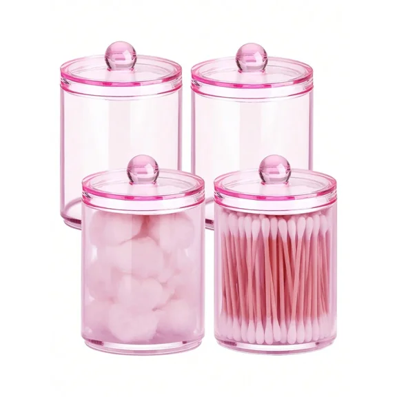 Home & Bath Apothecary Jars Q-tip Holder Cotton Swab Dispenser 10 oz Countertop Organizer Clear Plastic Modern Minimalist Bathroom Canisters 6 Pack with Pink Lids Storage