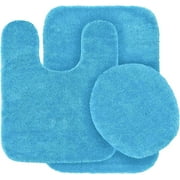 Home Bathroom Dcor 3 piece Set Bath Mat #6 Turquoise Blue Color U-Shaped Contour Rug, Mat and Toilet Lid Cover With Rubber Backing