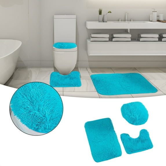 Home Bathroom Dcor 3 piece Set Bath Mat #6 Turquoise Blue Color U-Shaped Contour Rug, Mat and Toilet Lid Cover With Rubber Backing