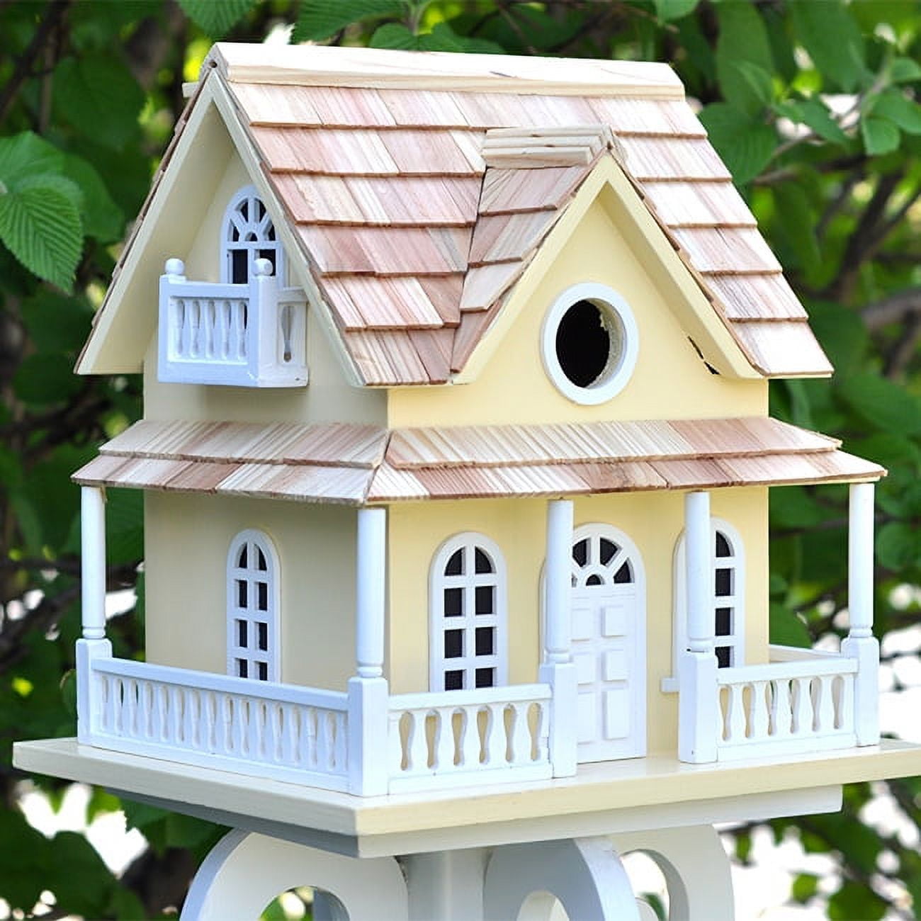 Yellow Pine Shingled Cottage Birdhouse with White Trim