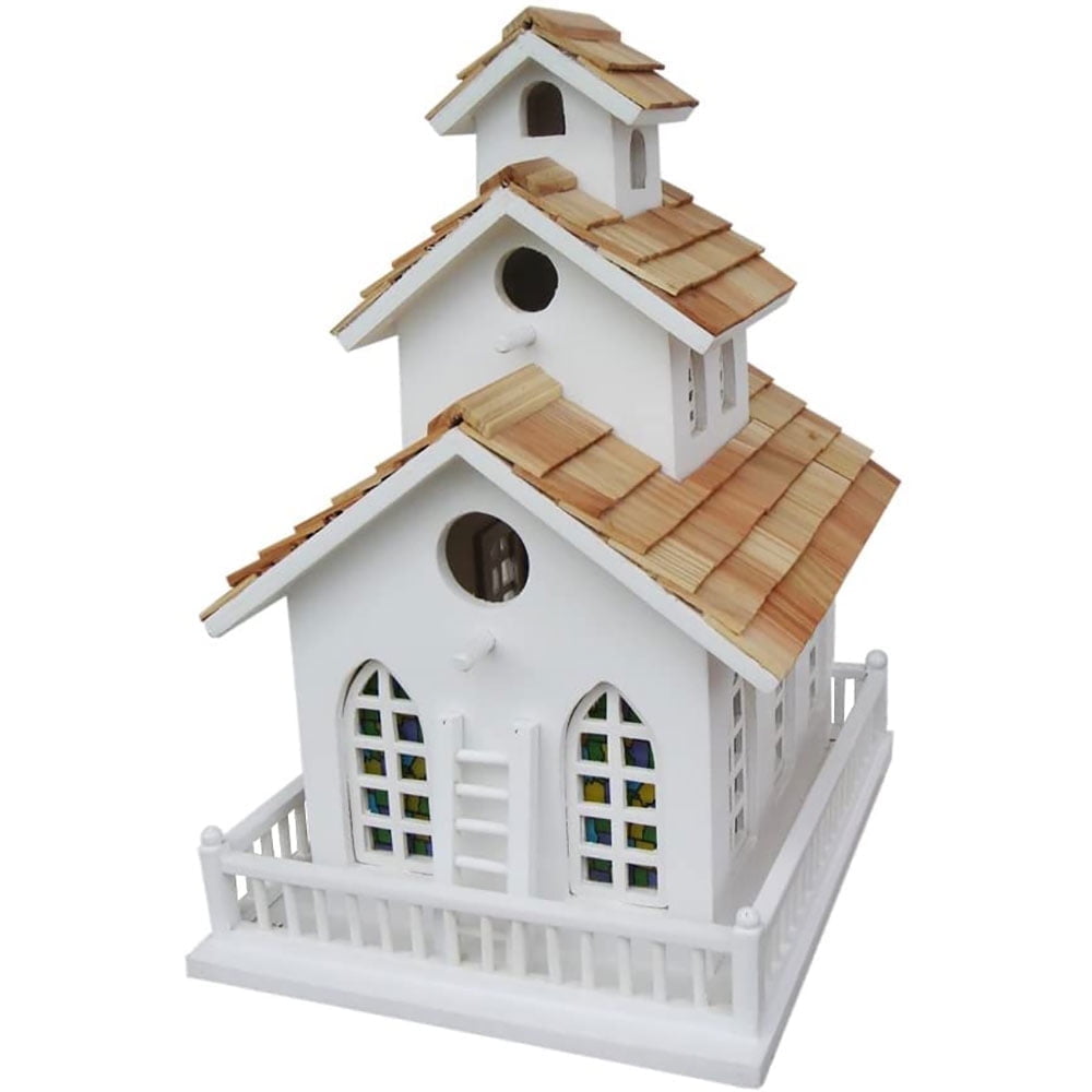 White Pine Shingled Chapel Bell Birdhouse with Stained Glass Windows