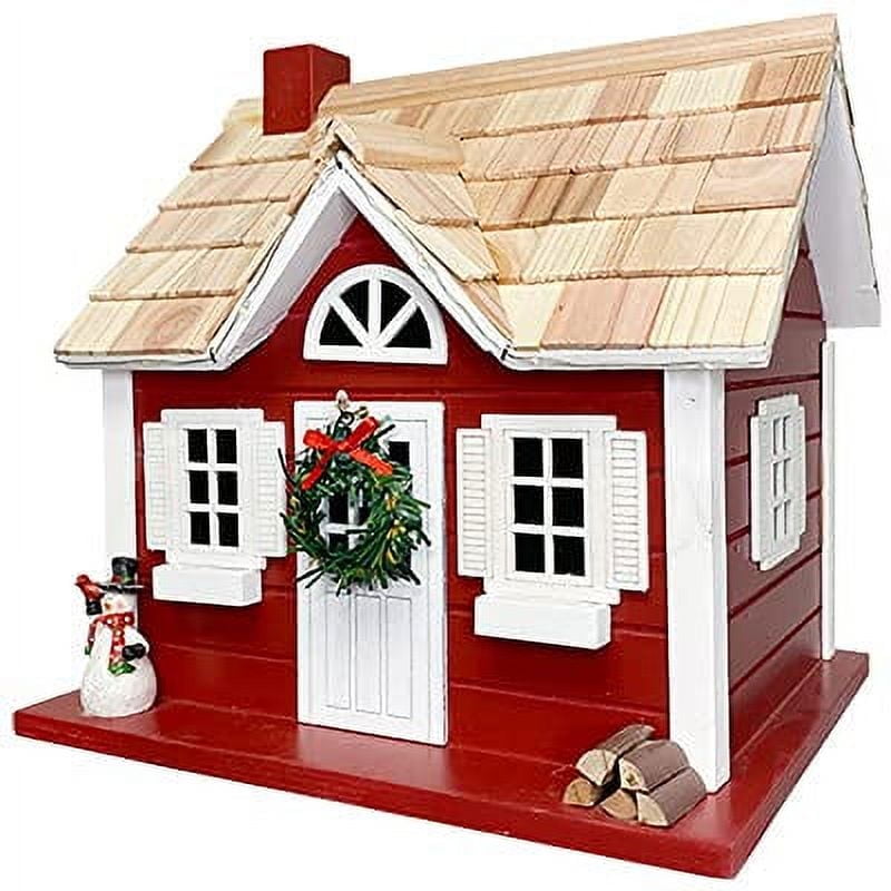 Red and White Wooden Christmas Birdhouse with LED Lights