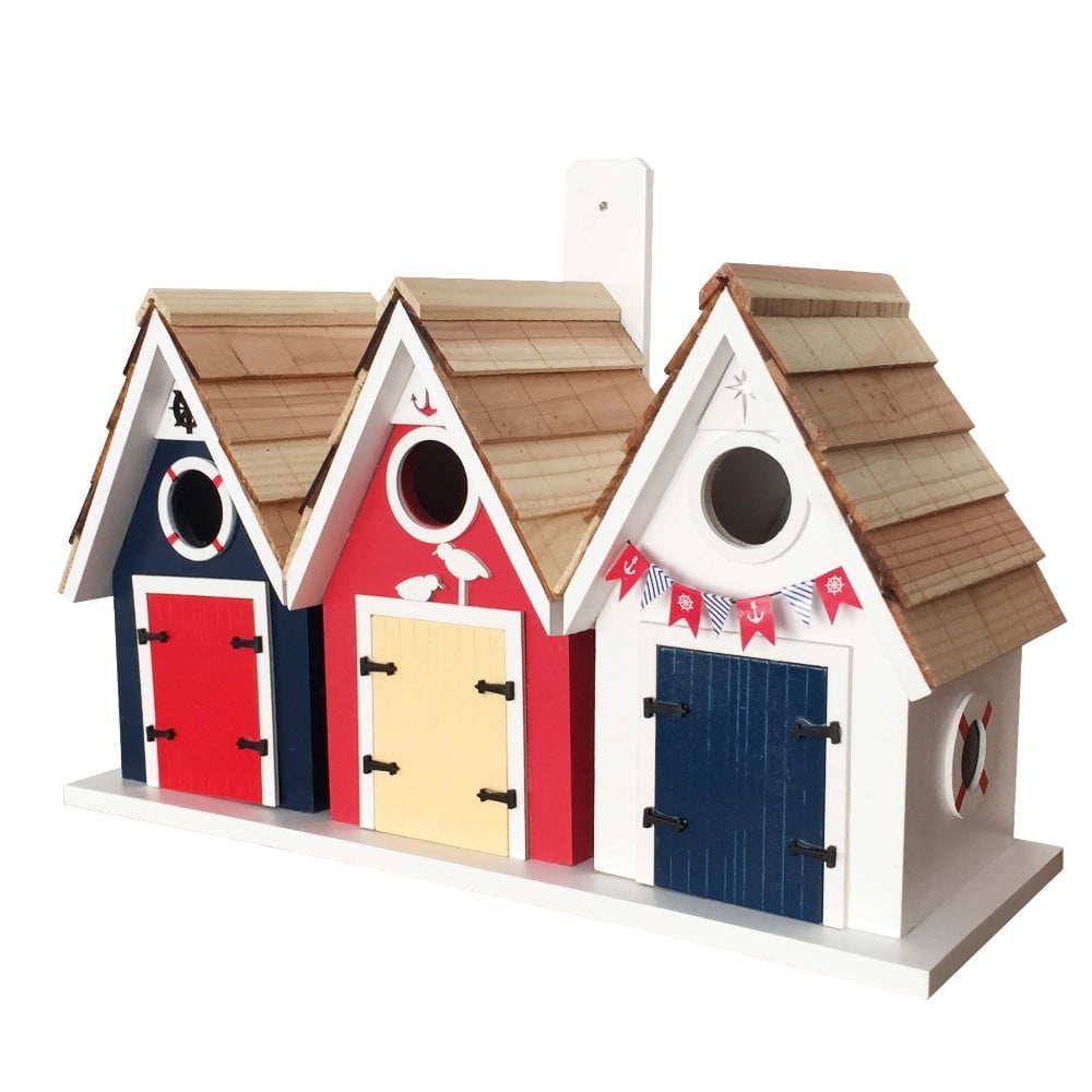 Nautical Red, Blue, and White Wooden Birdhouse Trio