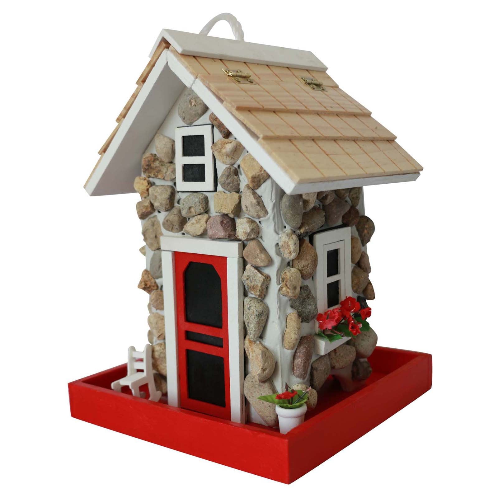 Rustic Stone Cottage Hanging Wood Bird Feeder