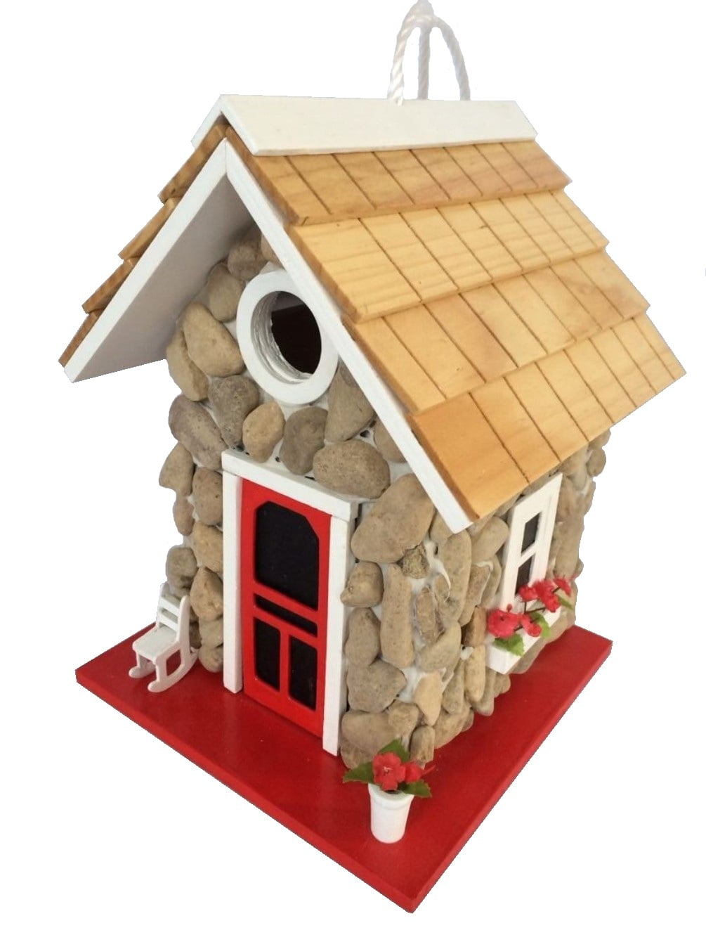 Handcrafted Stone Cottage Birdhouse with Red Accents