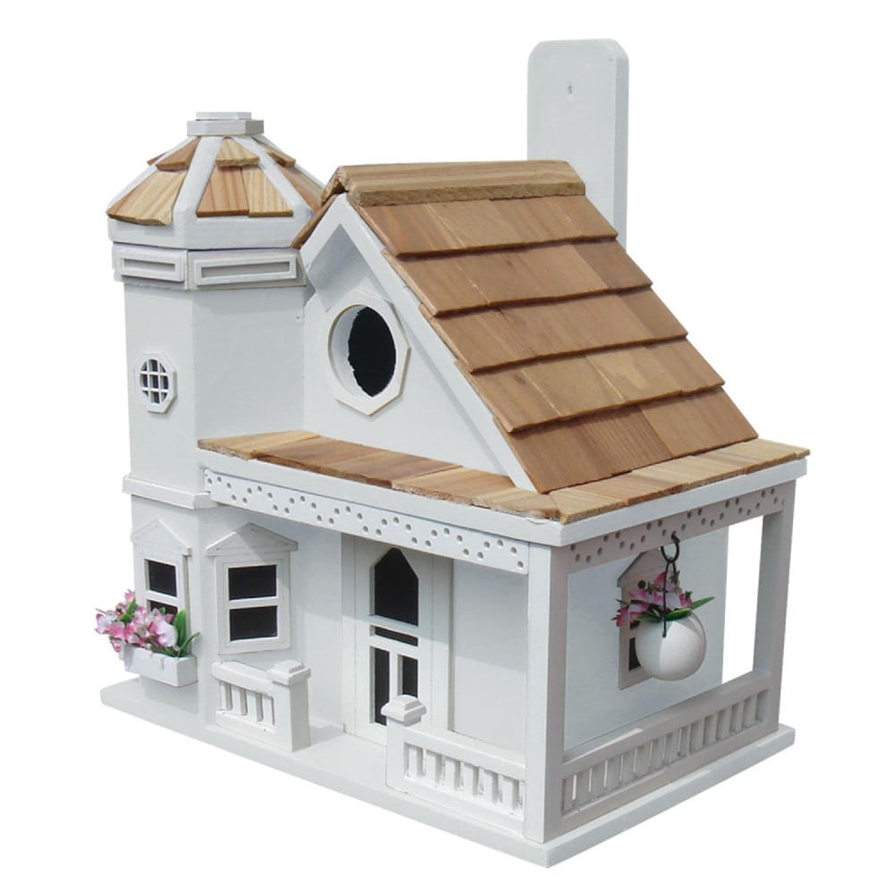 White Flower Pot Cottage Birdhouse with Poly-Resin Details