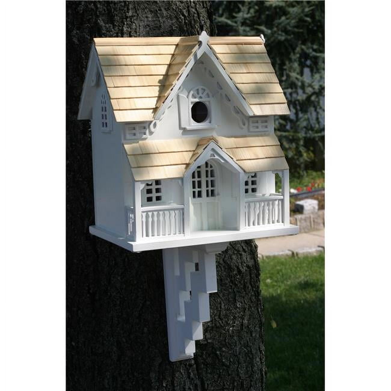 White and Natural Pine Gingerbread Cottage Birdhouse