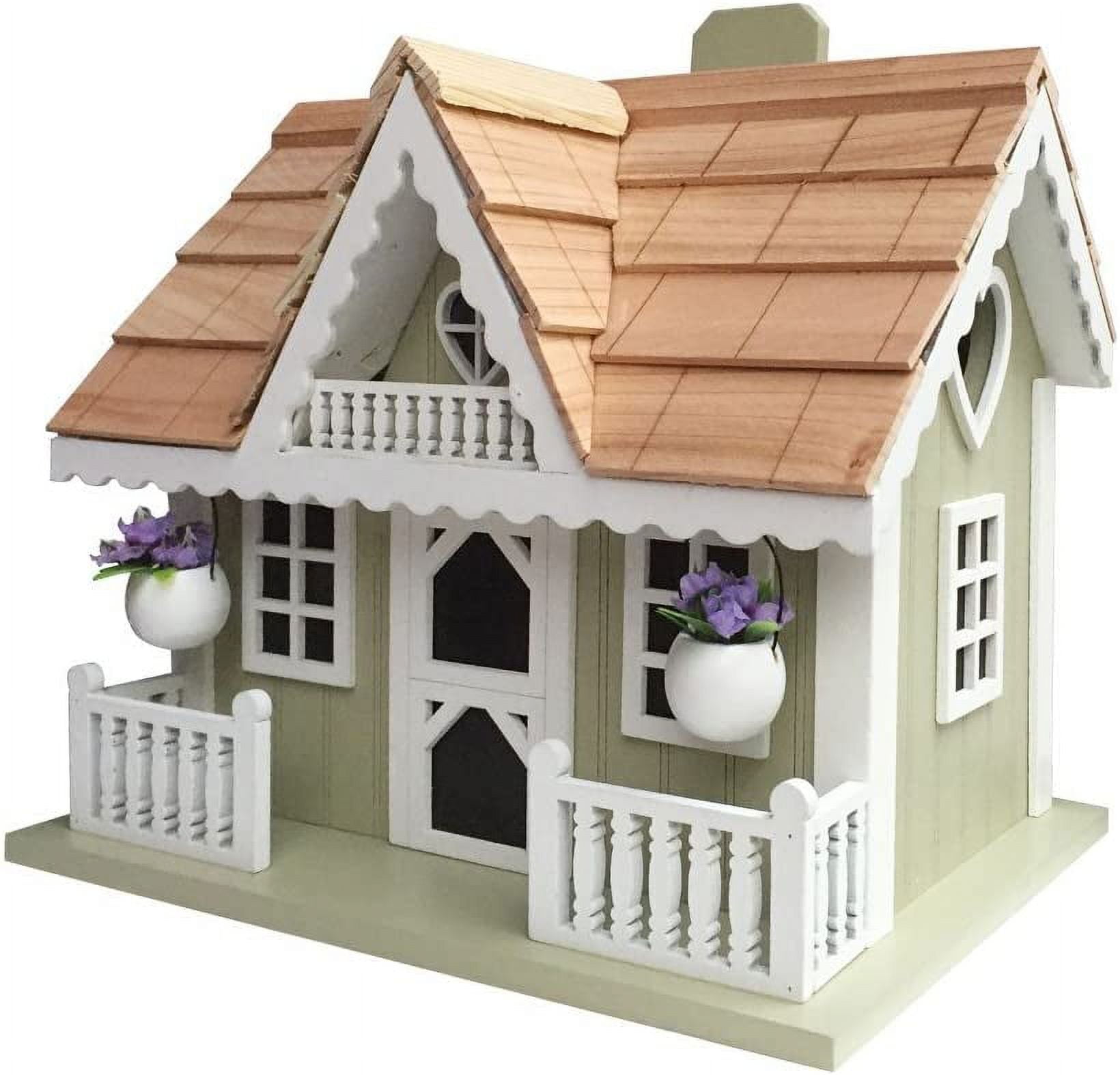 Rosemary Green and White Wooden Cottage Birdhouse