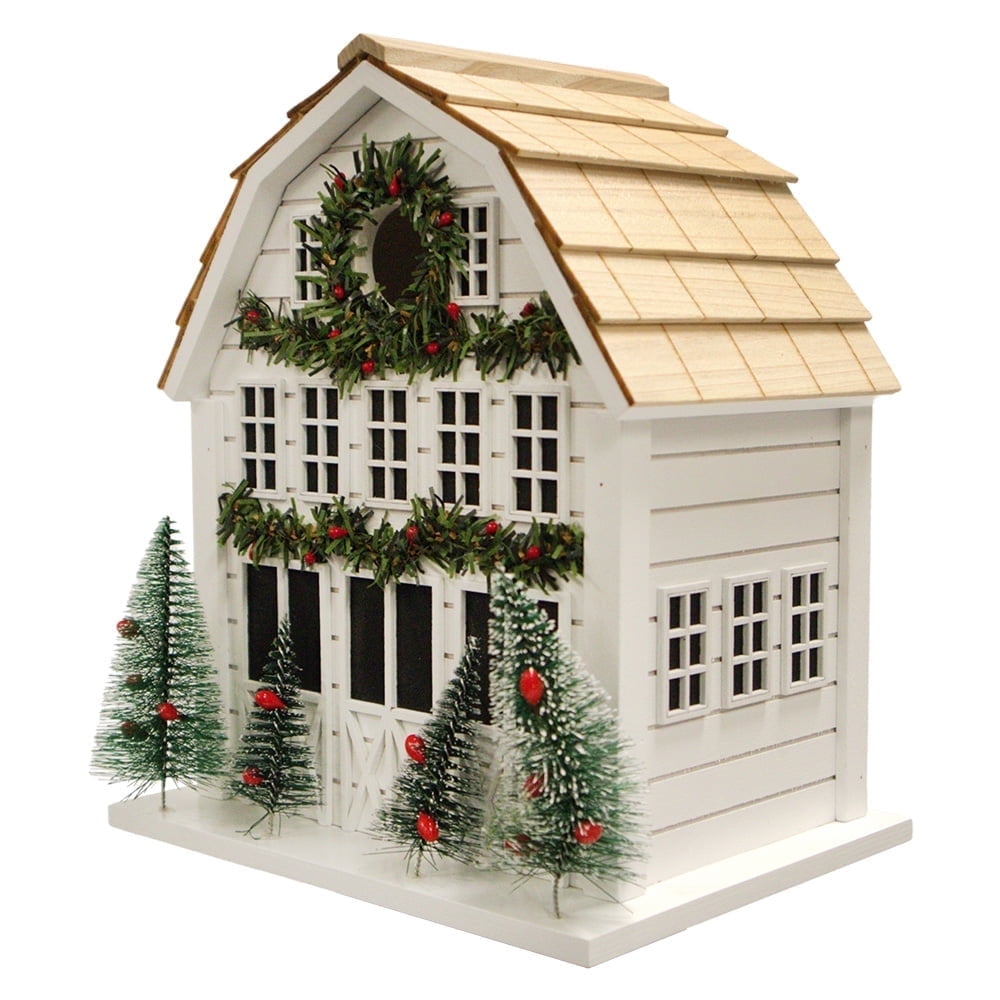 White Wooden Holly Cottage Birdhouse with Holiday Decor