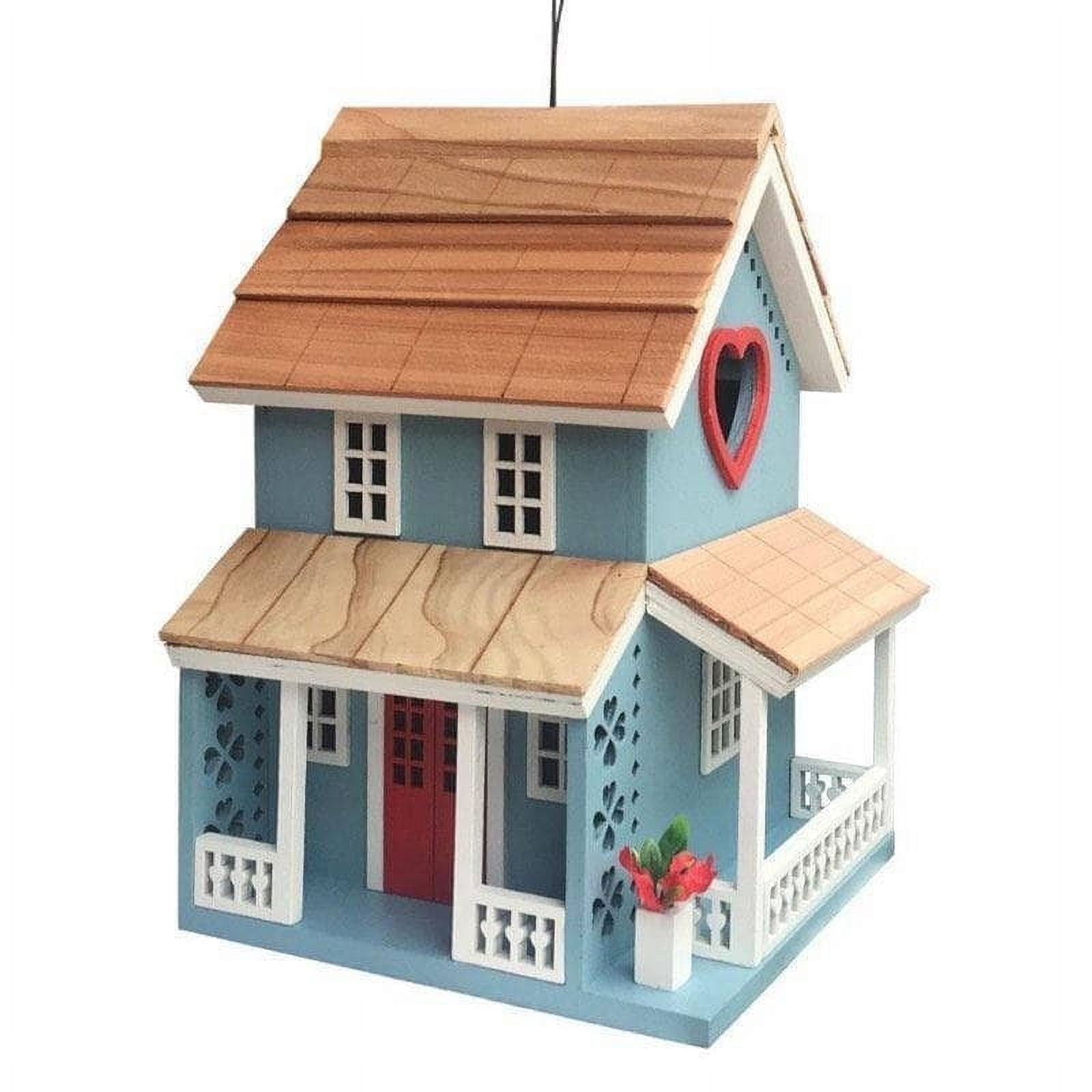 Sky Blue and Red Cottage Birdhouse with Heart-Shaped Entry