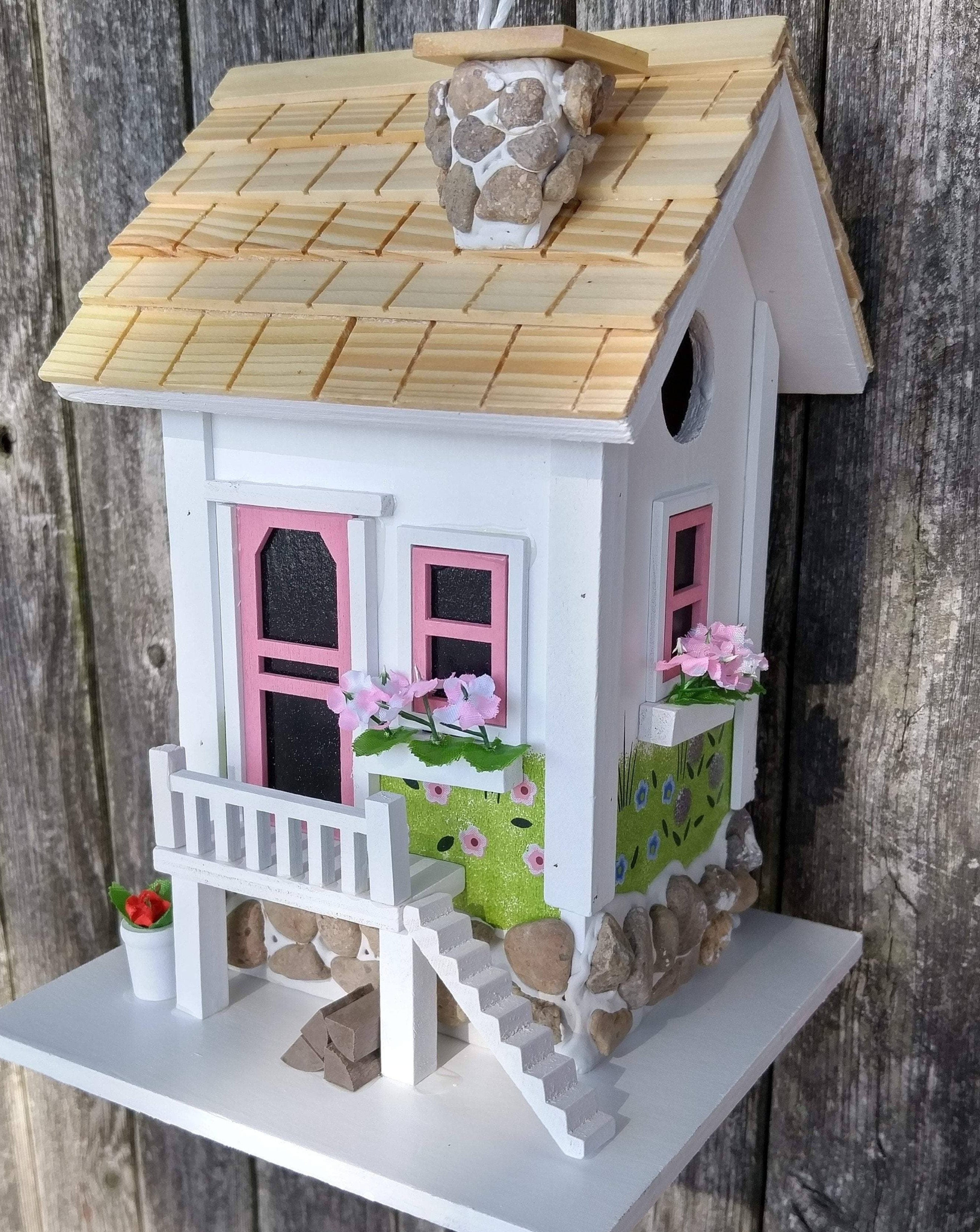 White and Pink Cottage Birdhouse with Pine Shingles