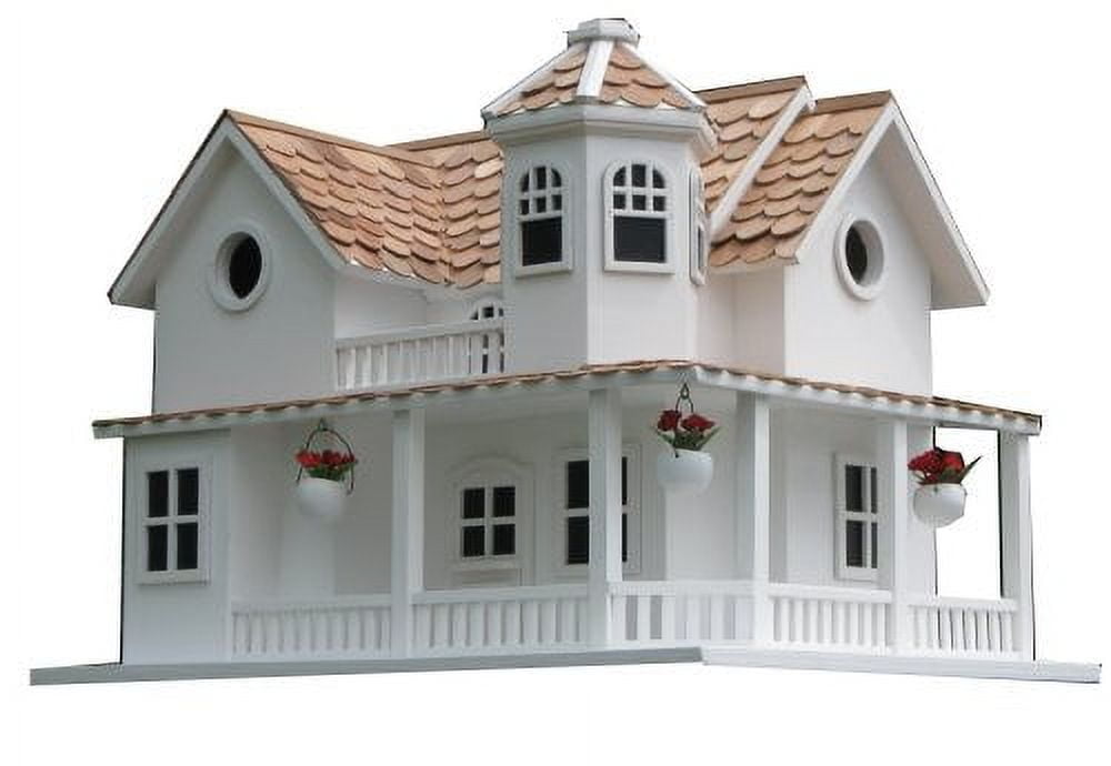 White and Cedar Wood Pole Mounted Cottage Birdhouse