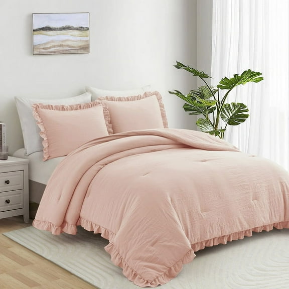Home Bed Bedding Comforter Set - 3 Pieces King Comforter Set, Farmhouse Bedding Set Ruffle Boho Bed Comforter, Fluffy Soft Lightweight Chic Rustic Country Style for Bedroom Dorm (King, Blush Pink)