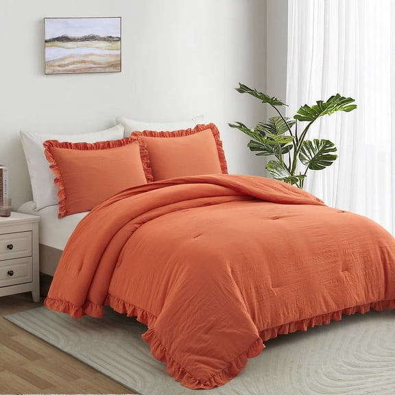 Home Bed Bedding Comforter Set - 3 Pieces Queen Comforter Set, Farmhouse Bedding Set Ruffle Boho Bed Comforter, Fluffy Soft Lightweight Chic Rustic Country Style for Bedroom Dorm (Queen, Orange)