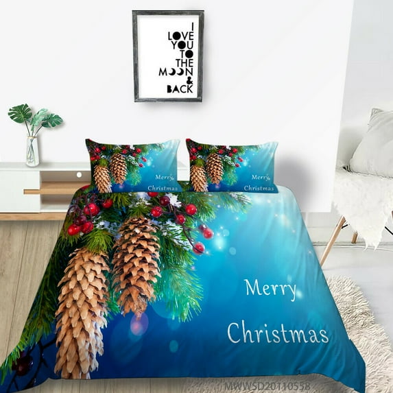 Home Bed Clothes Happy Christmas Bedding Cover Set Blue Quilt Cover Set Fashionable Bedding Sets,Queen (90"x90")