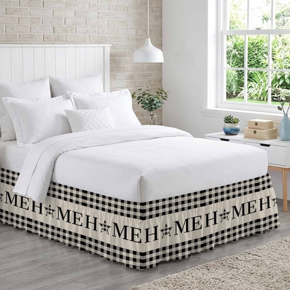 Home Bed Skirt California King Size 18 Inch Drop, Retro Country Black Plaid Linen Texture Adjustable Elastic Dust Ruffles Bedskirt Wrap Around Pleated Mattress Frame Cover