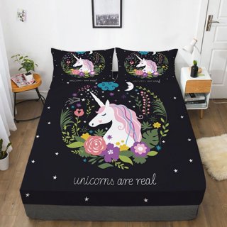 Zillons DXH Dreamy Unicorn Bed Sheets Set Twin Size,Magic Rainbow Letters Unicorn Bedding Black Fitted Sheets, Unicorn Stars Girls Sheet