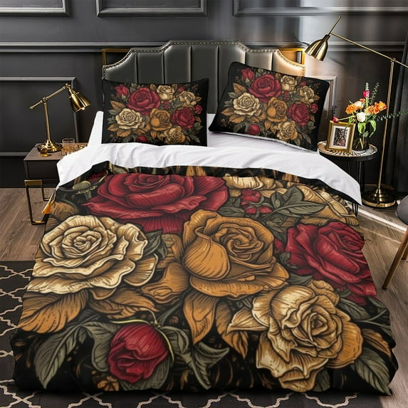 Home Bedclothes Romantic Rose Printed Duvet Cover Set Girl Woman Elegant Bed Set Bed Gift,King (90"x104")