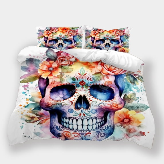 Home Bedclothes Skull Flower Printed Duvet Cover Set Teen Adult Creative Bedding Set,California King (98"x104")