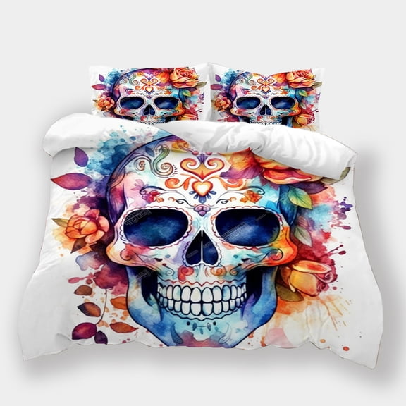 Home Bedclothes Skull Flower Printed Duvet Cover Set Teen Adult Creative Bedding Set,Queen (90"x90")