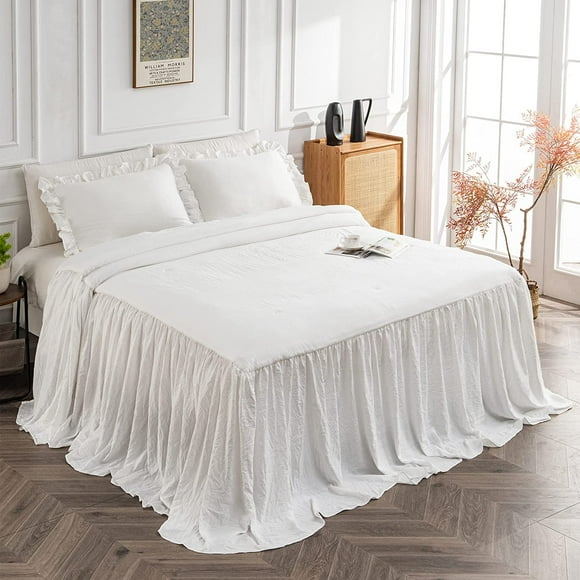 Home Bedding Bedspread Set Quilt - Farmhouse Bedspread Summer Coverlet Bed Spreads, Lightweight Quilt Chic Vintage Bedding Ruffle Skirt Bedroom Rustic with 2 Pillow Shams (Queen, White)