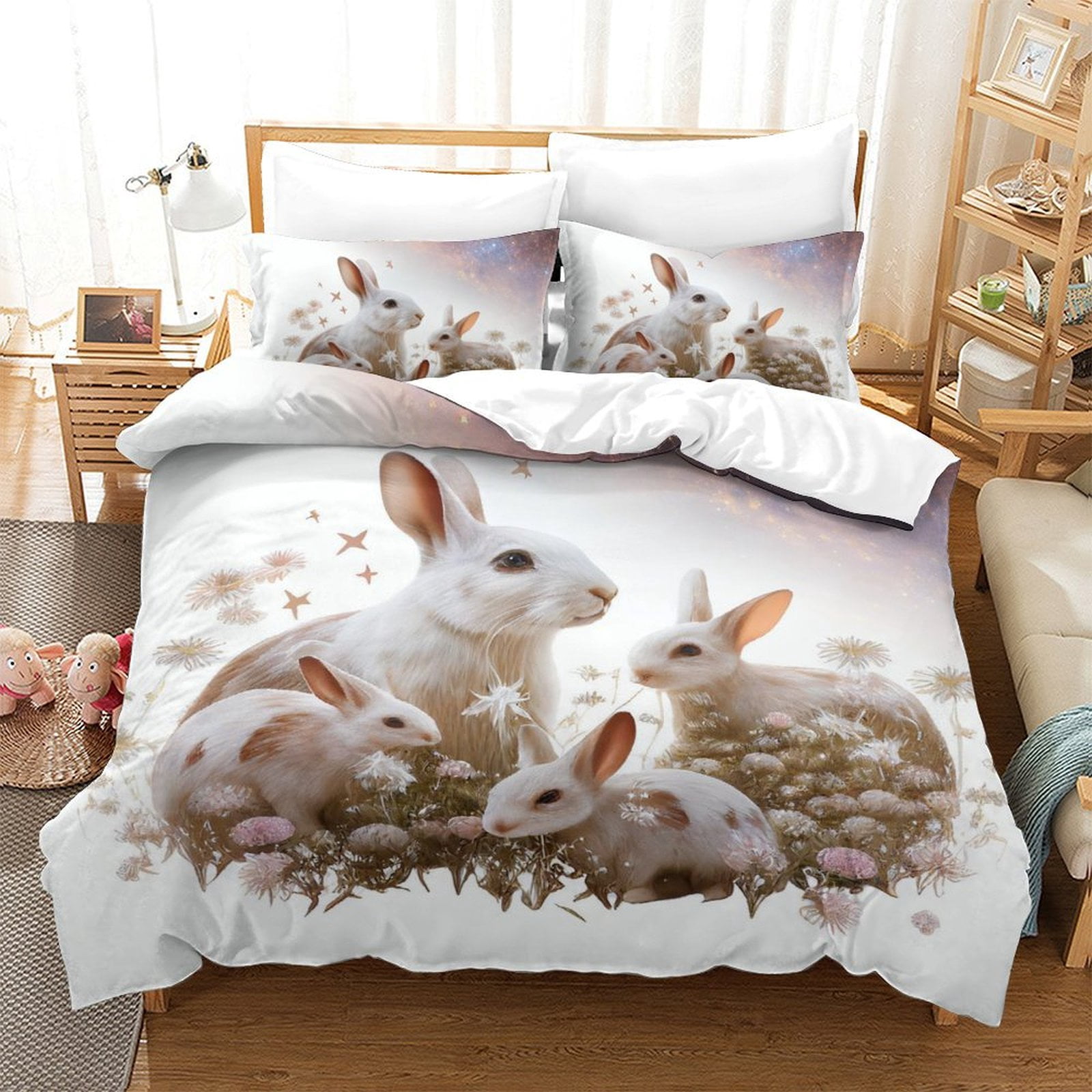Home Bedding Set 3D Rabbit Flower Printed Duvet Cover Set Kids Boys ...