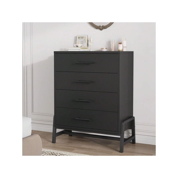 Home Bedroom 4-Drawer Tall Dresser – 38.6" Freestanding Wooden Chest for Bedroom, Living Room, Entryway, Pure Linen Black Finish