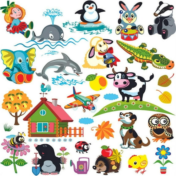 Home Bedroom Art Vinyl Young Animals Decor Multicolored Baby Stuffed Toys Little Girl Design Wall Decal Stickers - 20" x 20" Removable Kids Bedroom Nursery Play House Playroom Adhesive Wall Decoration