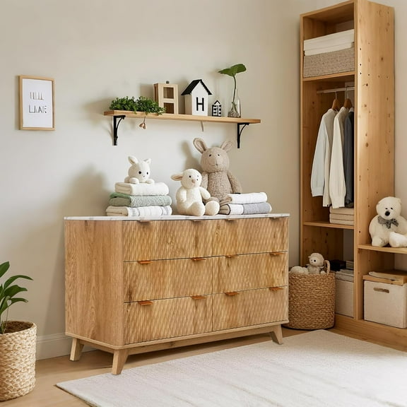 Home Bedroom Chest of Dresser Wood, 54" Drip Pattern Six-Drawer Chest with Faux Marble Top, Wide Wood Farmhouse Dresser, Drawer Storage Organizer for Nursery, Bedroom, Living Room, Hallway