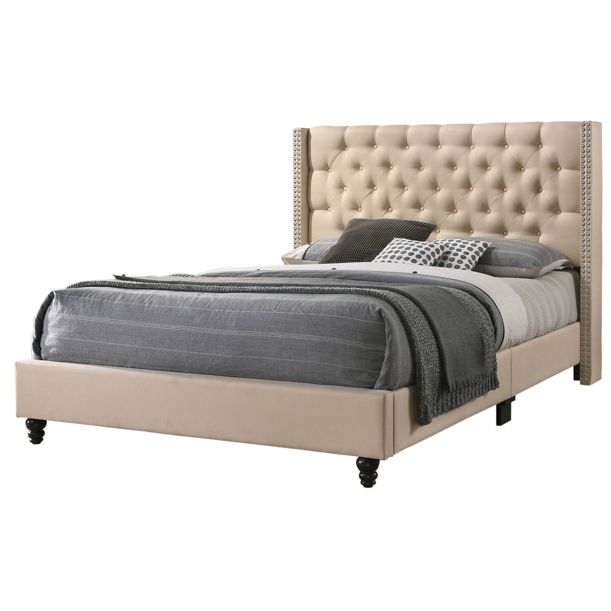 Elegant Beige Velvet Tufted Queen Bed with Nailhead Trim