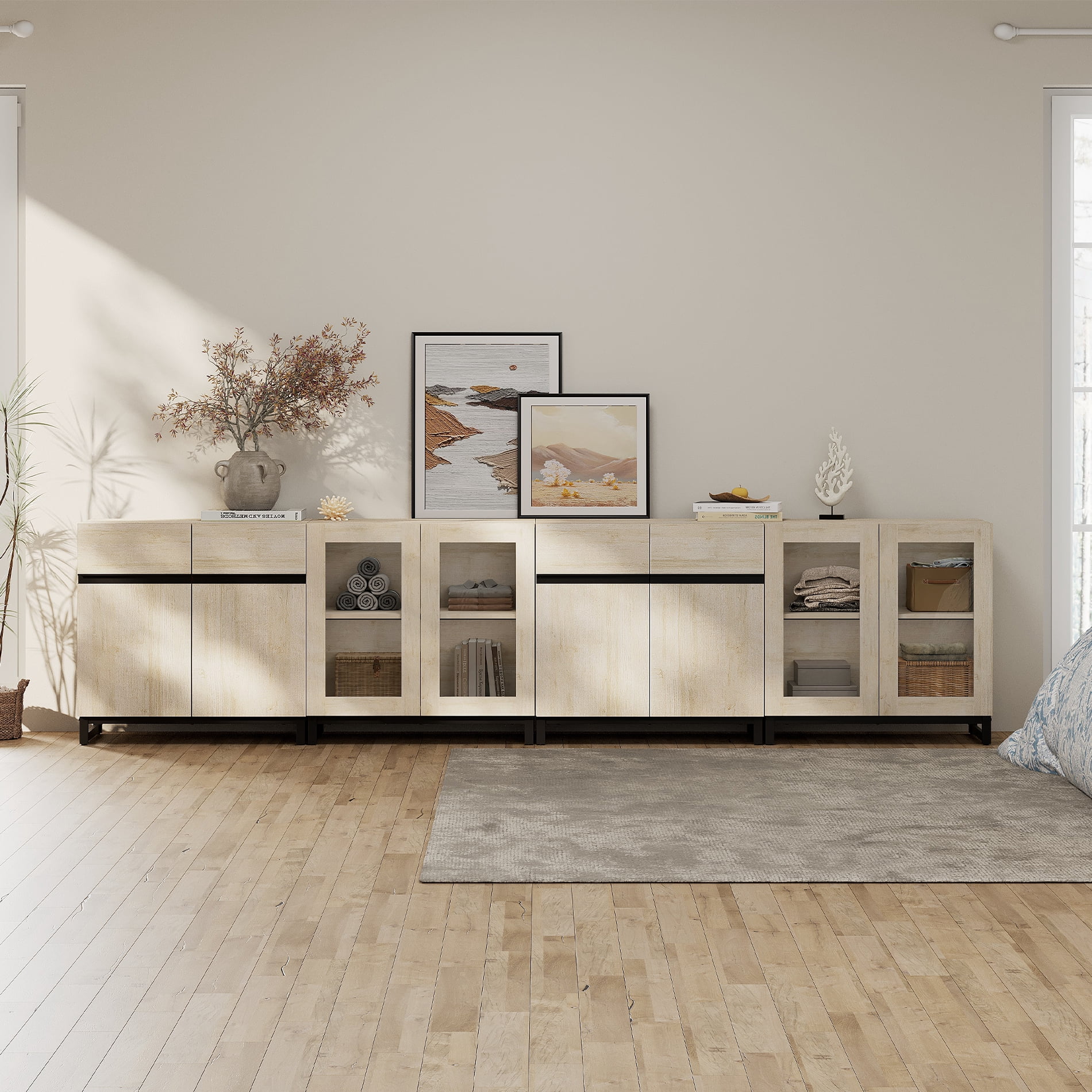 Home Bedroom Storage Cabinet, 4 In 1 Chest with Glass Doors and Adjustable Shelves, Modern Modular Closet Organizer Furniture,Beige