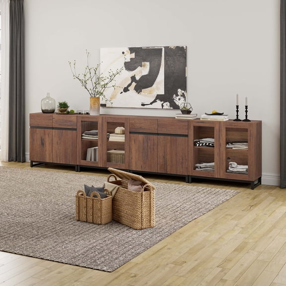Home Bedroom Storage Cabinet, 4 In 1 Chest with Glass Doors and Adjustable Shelves, Modern Modular Closet Organizer Furniture,Brown