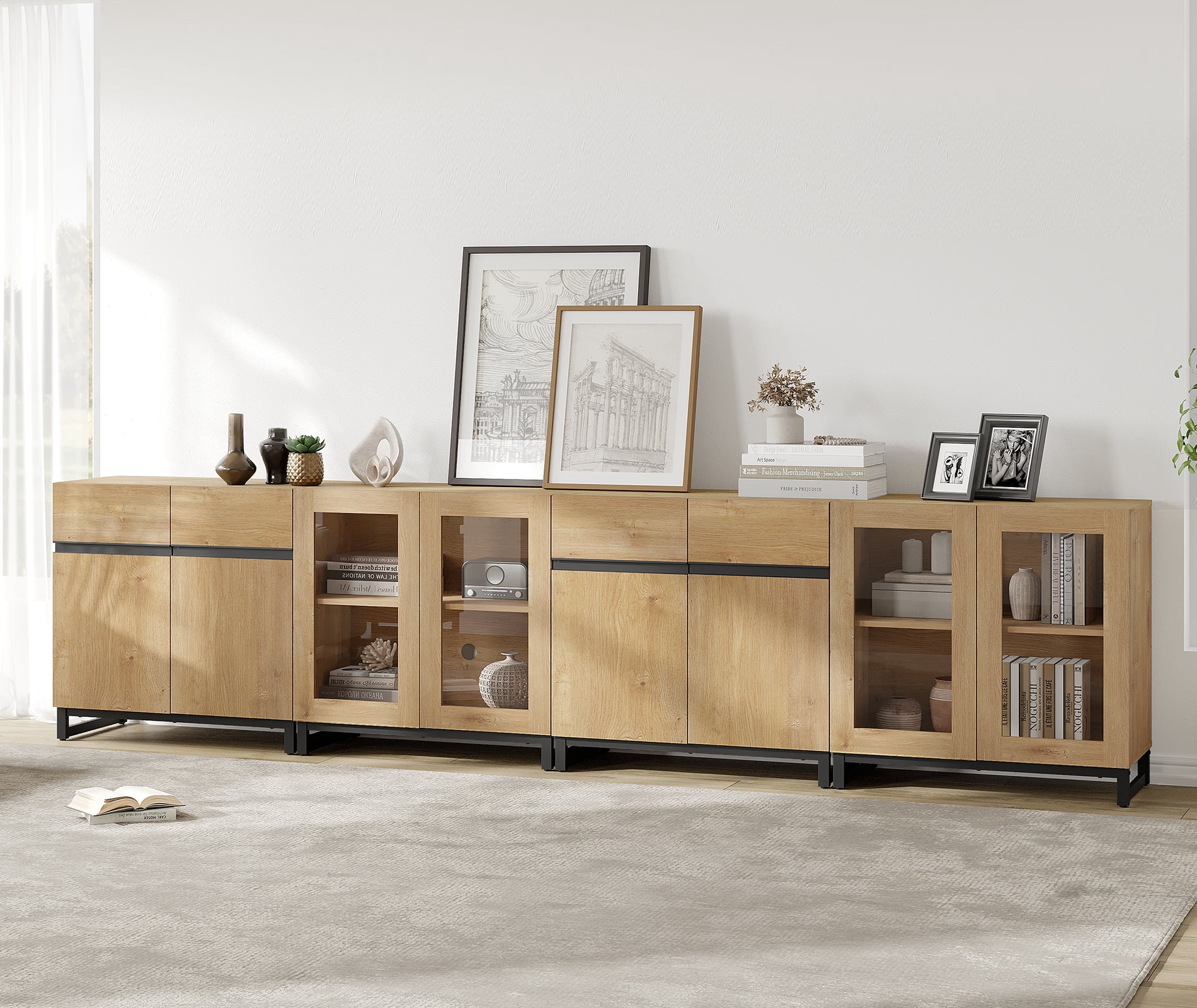 Home Bedroom Storage Cabinet, 4 In 1 Chest with Glass Doors and Adjustable Shelves, Modern Modular Closet Organizer Furniture,Oak