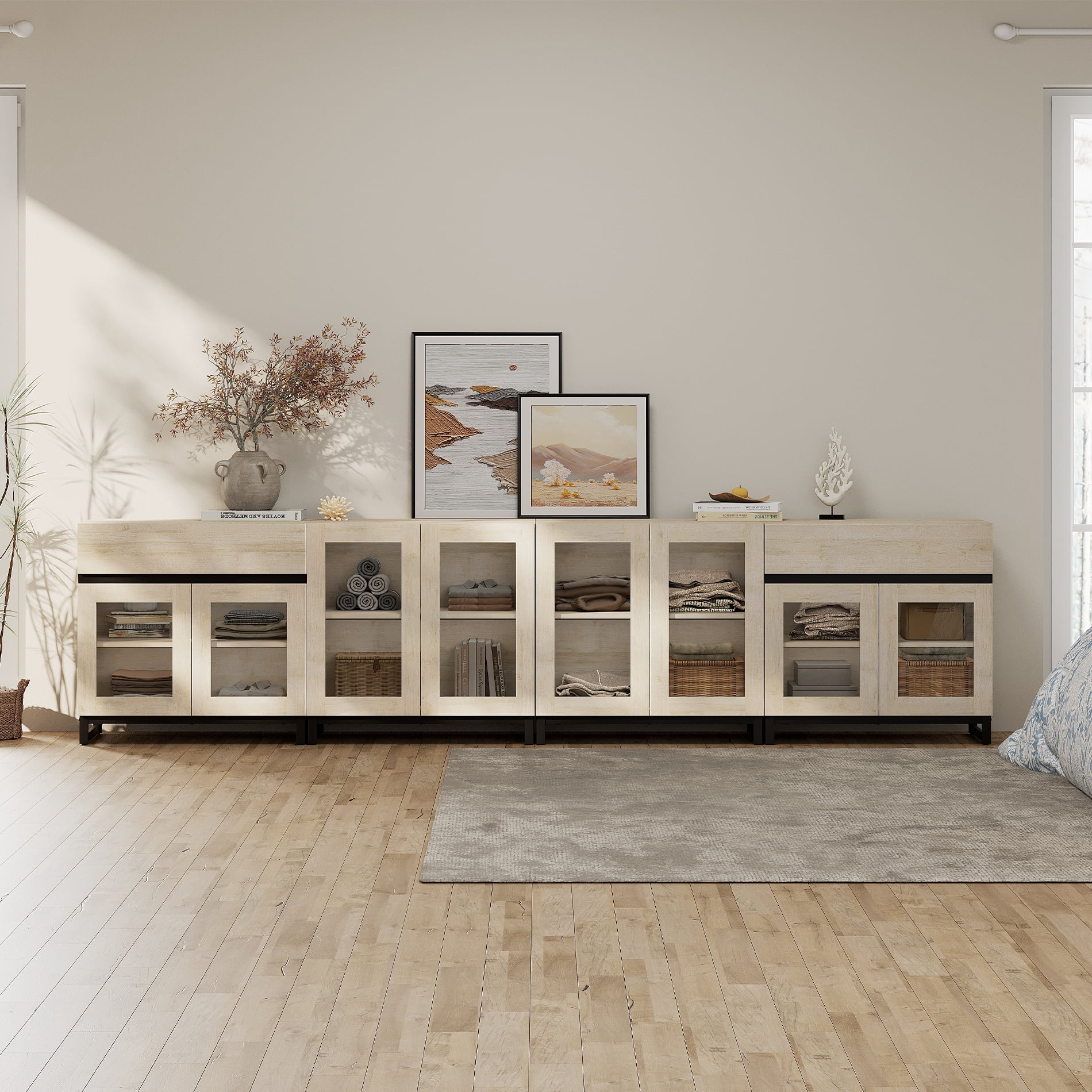 Home Bedroom Storage Cabinet, 4 In 1 Multifunctional Dresser with Glass Doors, 2 Drawers and Adjustable Shelf, Versatile Closet Organizer,Beige