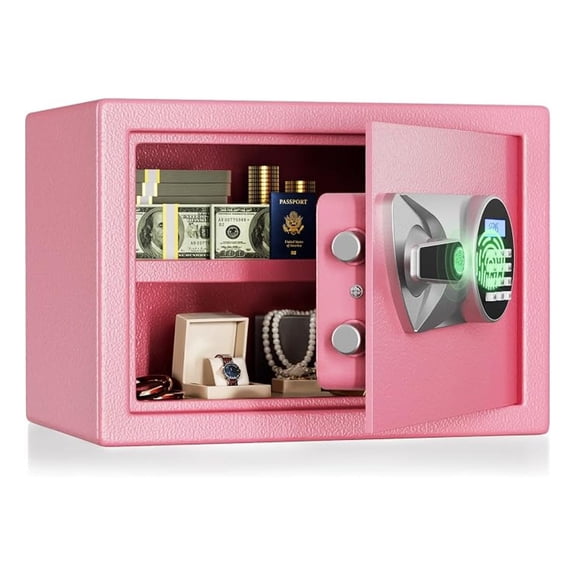 Home Biometric Safe 1.0 Cub Quick Access Fingerprint Lock Box With Keys Keypad Wall Mount Cabinet Safe Secure Money Jewelry with Fireproof Bag Mute Mode LED Light, Pink
