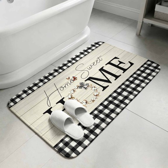 Home Black White Gingham Check Door Mat,Indoor Outdoor Welcome Doormat Farm Vintage Wood Board Absorbent Linen Front Door Mats Non-Slip Entrance Rug for Kitchen Bathroom Entryway,16x24in